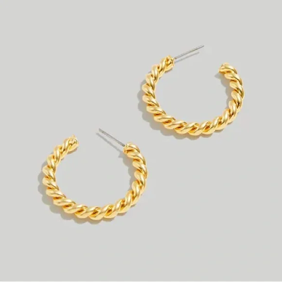 Madewell Puffed Rope Medium Hoop Earrings Twisted Gold NWT - Picture 3 of 6